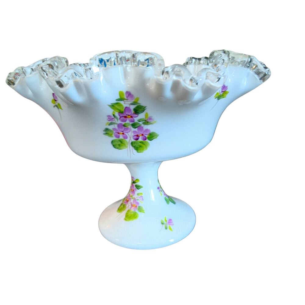 Vintage Fenton Violets In The Snow Silver Crest Ruffled Pedestal Bowl Compote